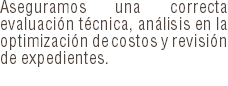 Aseguramos una correcta evaluación técnica, análisis en la optimización de costos y revisión de expedientes. 
