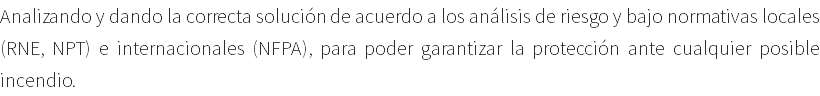 Analizando y dando la correcta solución de acuerdo a los análisis de riesgo y bajo normativas locales (RNE, NPT) e internacionales (NFPA), para poder garantizar la protección ante cualquier posible incendio.