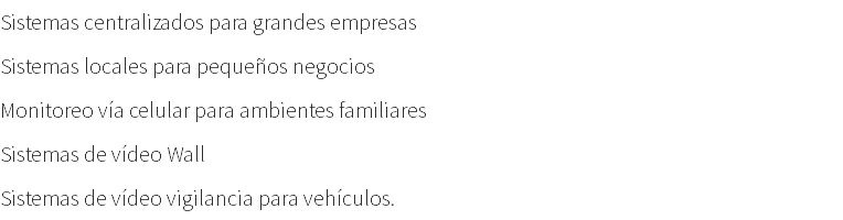 Sistemas centralizados para grandes empresas Sistemas locales para pequeños negocios Monitoreo vía celular para ambientes familiares Sistemas de vídeo Wall Sistemas de vídeo vigilancia para vehículos.